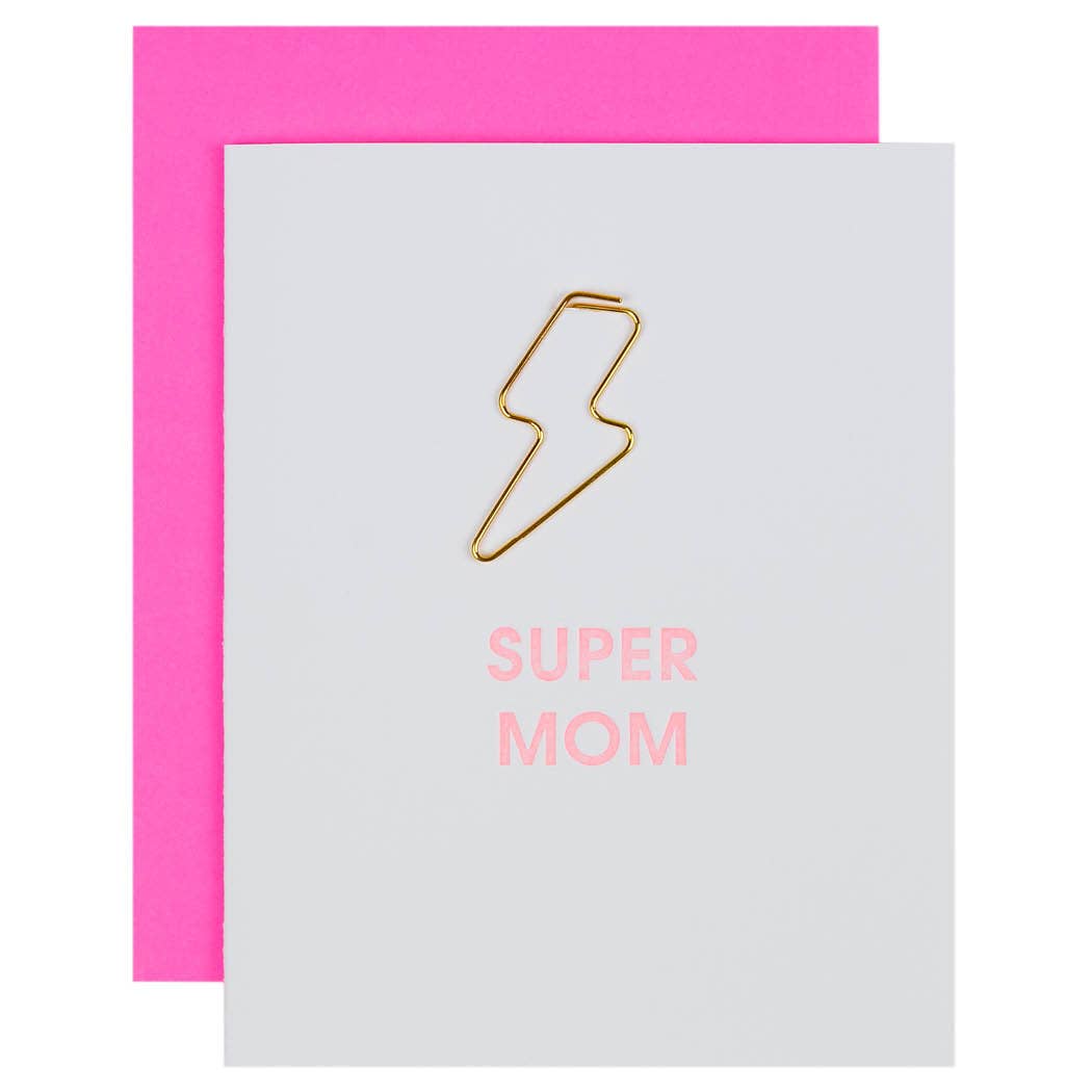 Chez Gagné - Super Mom - Lightning Bolt Letterpress Paper Clip Greeting Card  - Mother's Day