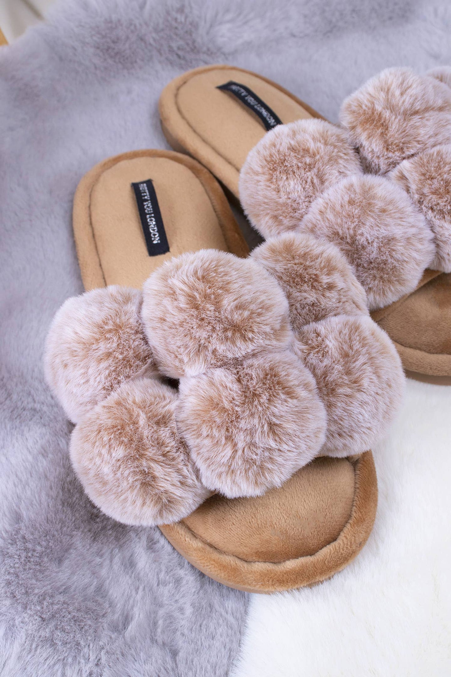 Dolly Pom Pom Slippers in Caramel