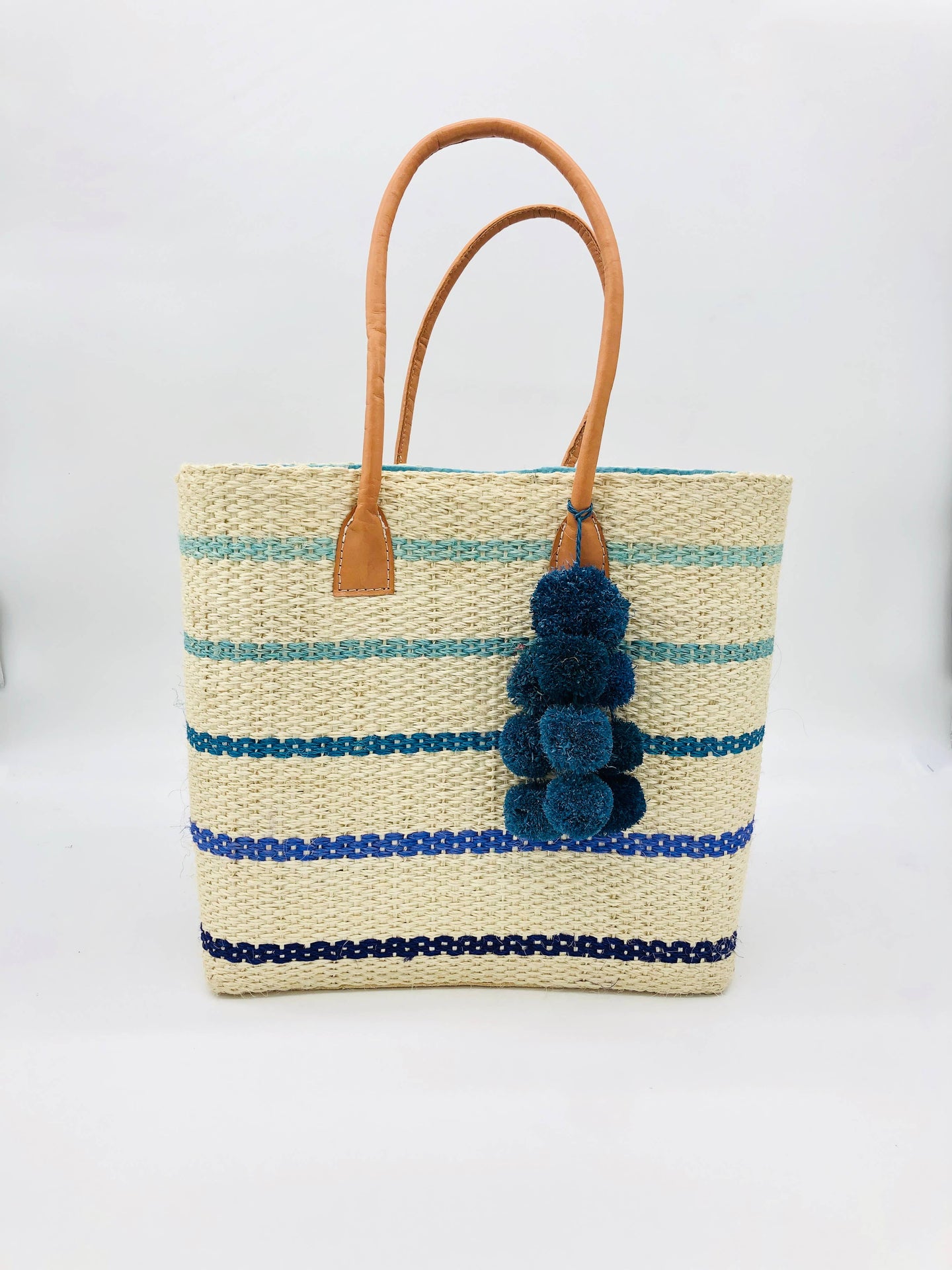 Capitola Pinstripes Sisal Basket Bag with Waterfall Pompoms