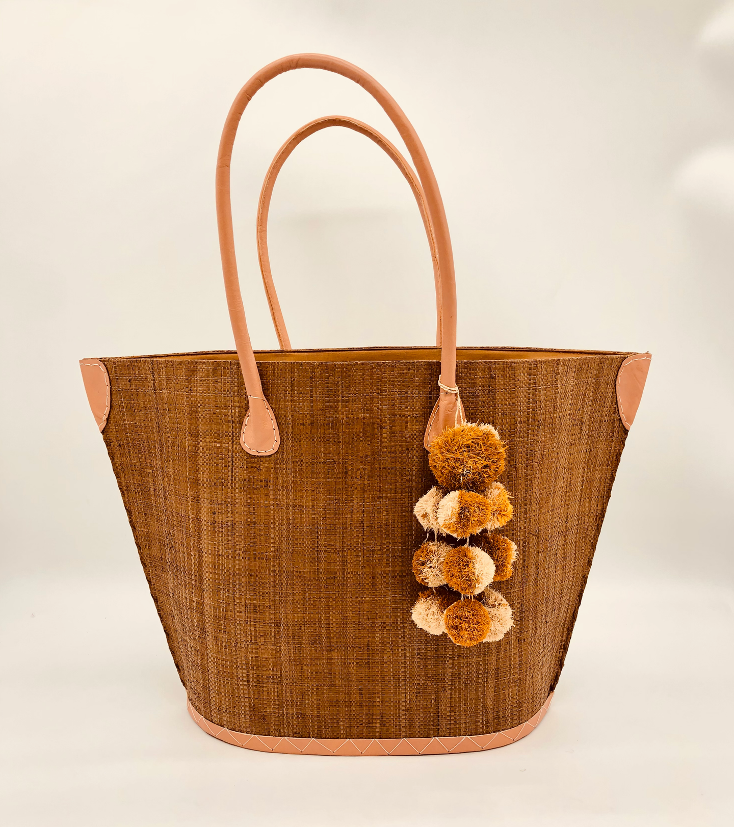Melanga Straw Tote Bag with Waterfall Pompoms - Tobacco