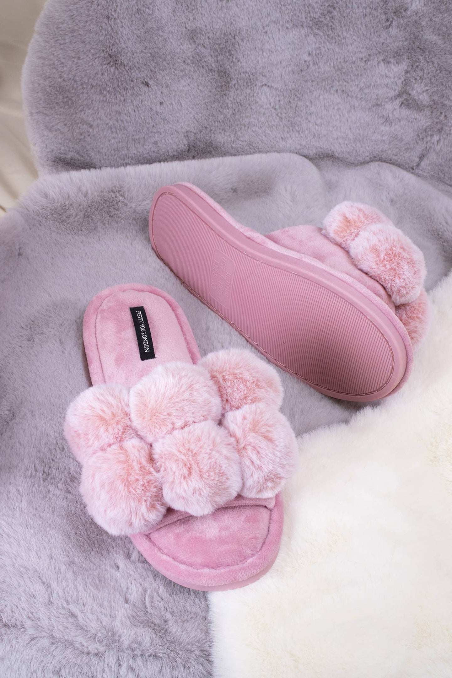 Pretty You London - Dolly Pom Pom Slippers in Pink: Pink / L = UK 7-8 / EU 40-41 / US 9-10