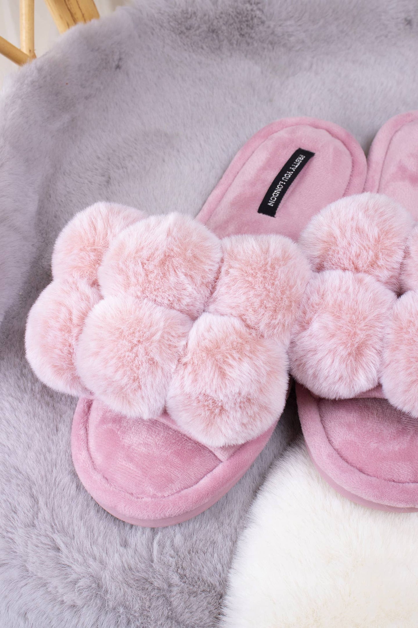 Pretty You London - Dolly Pom Pom Slippers in Pink: Pink / M = UK 5-6 / EU 38-39 / US 7-8